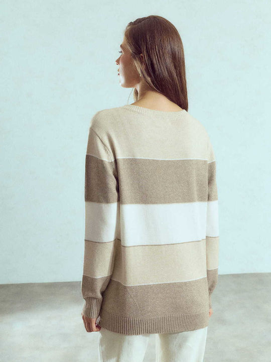 Celestino Damen Bluse Gestreift Mit Metallisierten Details Dunkel Beigetone