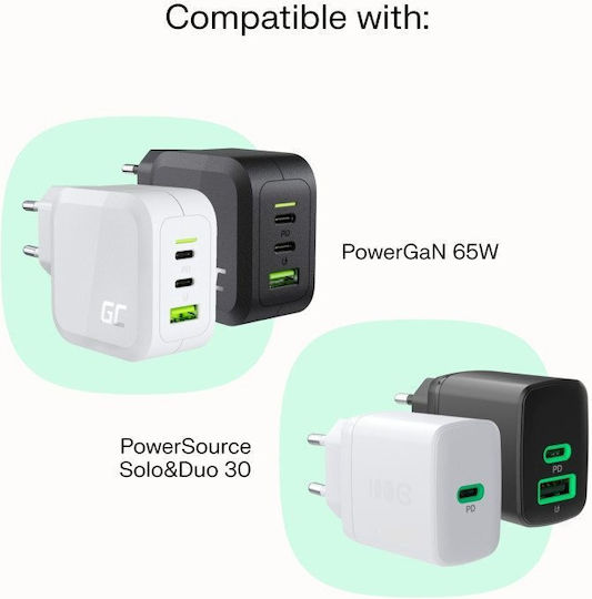 Green Cell Cablu Braided USB-C tată - USB-C 100W PD Alb 0.3m KABGC100PS30SW