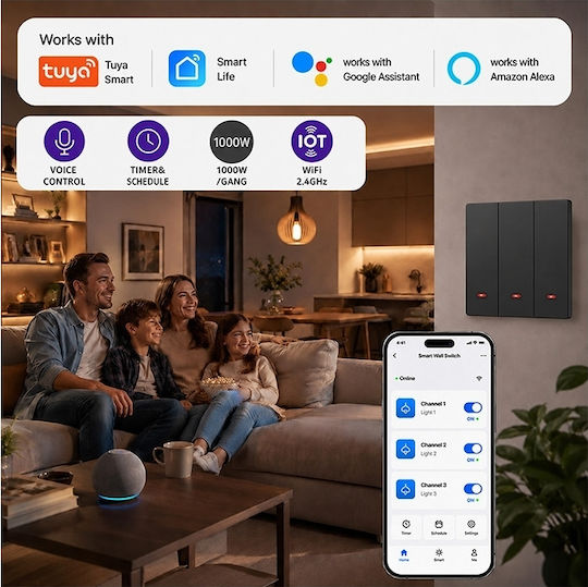 Qoltec Recessed Touch Wall Switch Wi-Fi with Frame Black
