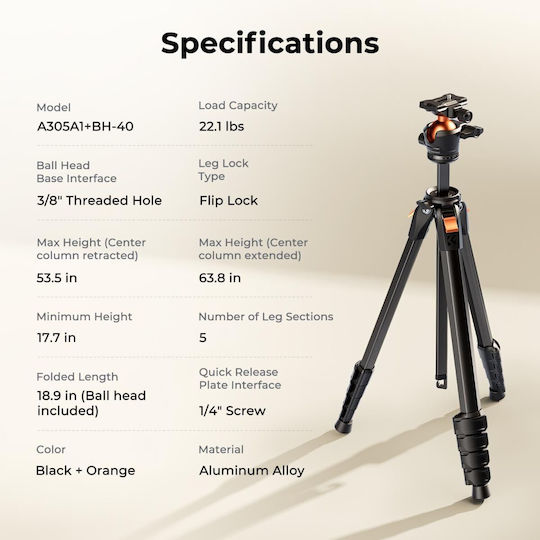K&F Concept Tripod Made of Aluminum with Spherical Head up to 48 cm and Load Capacity 1.2 kg