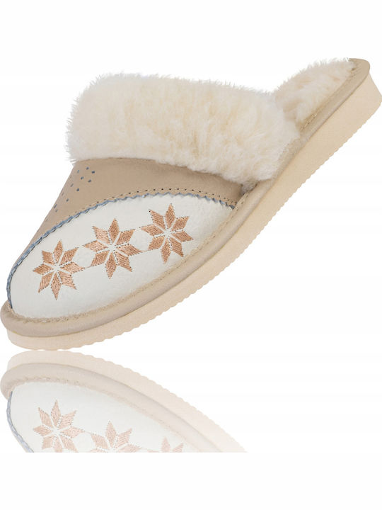 Leather Winter Women's Beige Slippers