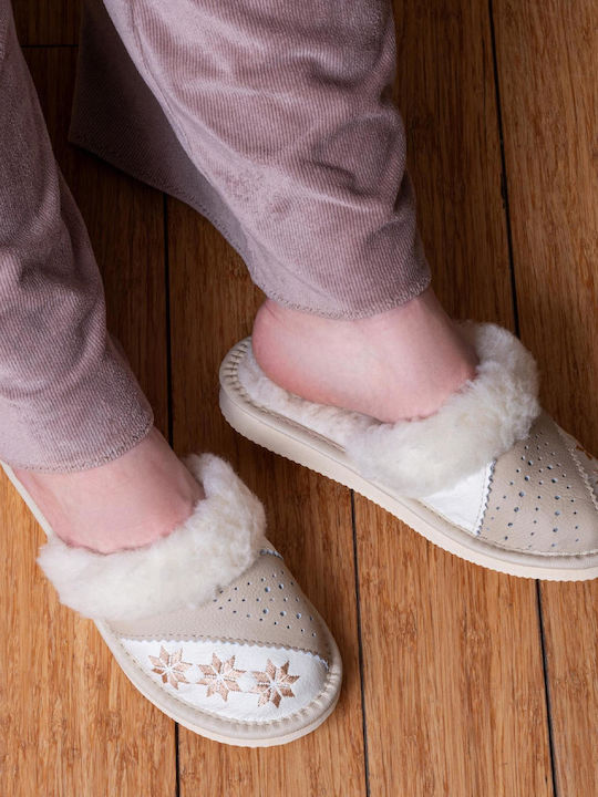 Leather Winter Women's Beige Slippers
