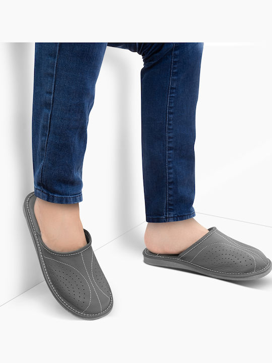 Memory-Schaum Leder Herren Hausschuhe Grau