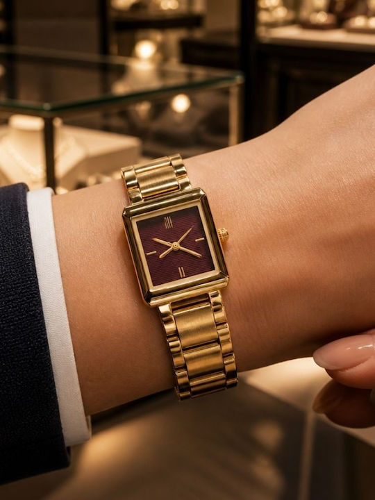 Ieke Damenuhr Batterie mit Rostfreier Stahlarmband Gold/Bordeaux