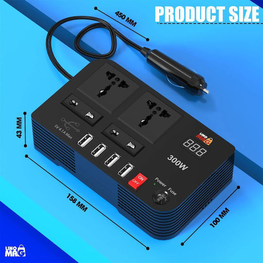 Portable Car Voltage Inverter Linomag 12v Dc To 220v Ac 300w Digital Display Universal Eu Uk Usa Au Outlets 4.1a Usb Overvoltage Protection Black