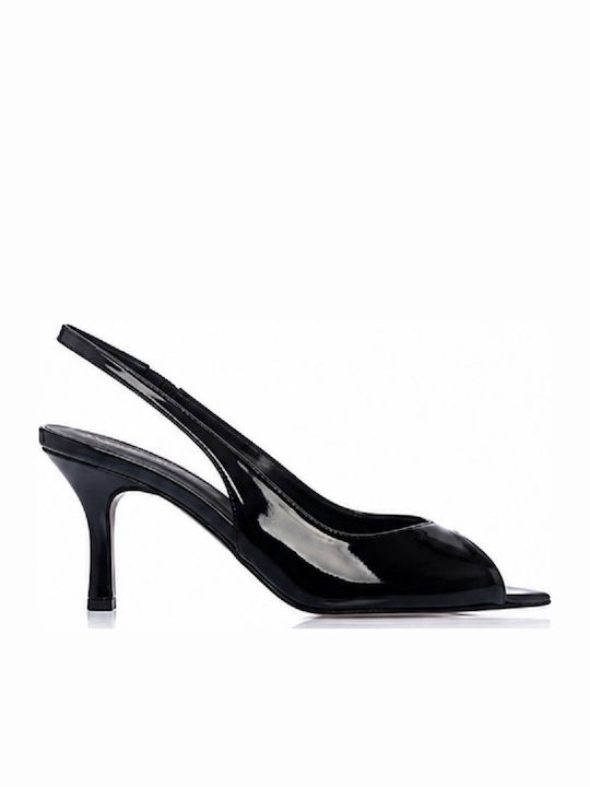 Peep Toe Обувки на Ток от Лакирана Кожа с Тънък Среден Ток Черни