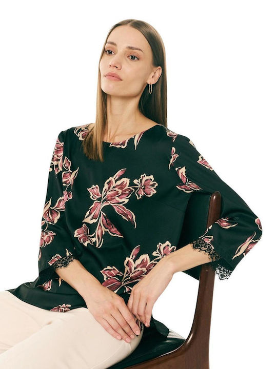 Damen Bluse aus Satin mit 3/4 Ärmel Blumen Schwarz