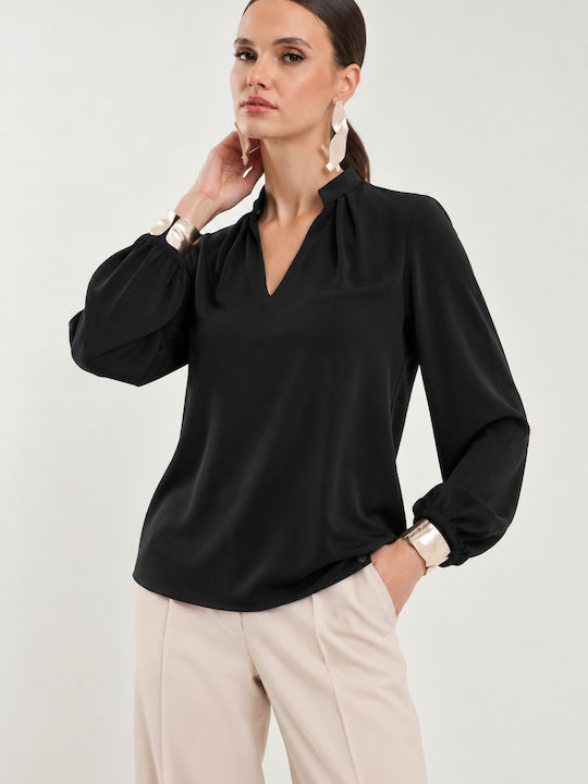 Women's Satin Long Sleeve Blouse with V-Neck Black