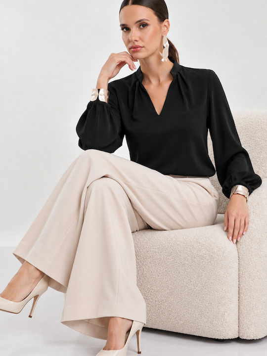 Women's Satin Long Sleeve Blouse with V-Neck Black