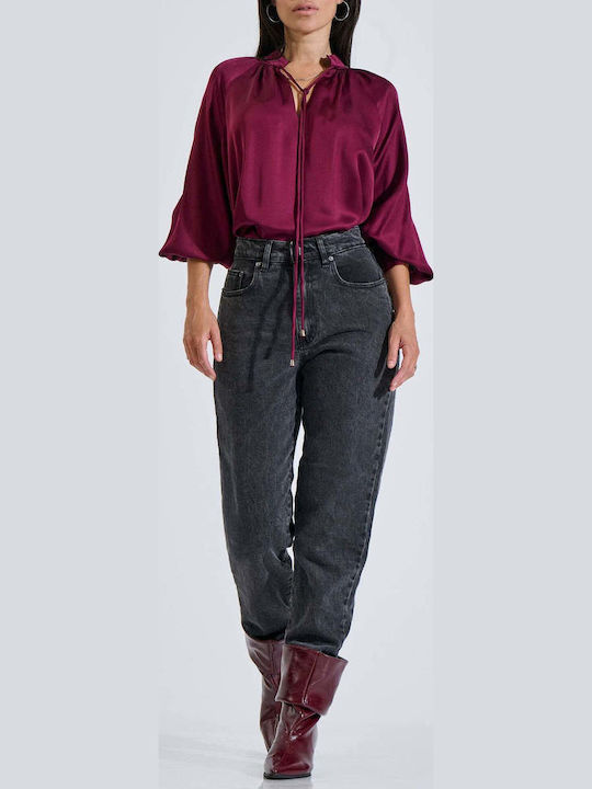 Women's Satin Blouse with V-Neck Burgundy