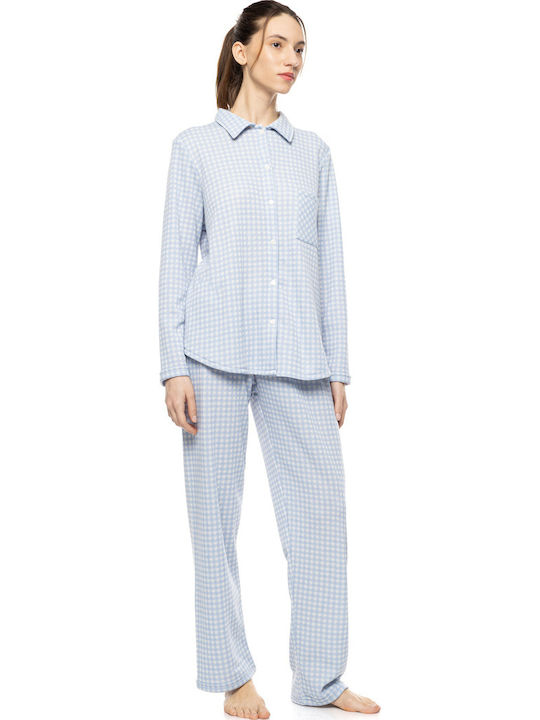 Pink Label Summer Women's Pyjamas Trousers Blue Cloud Plaid
