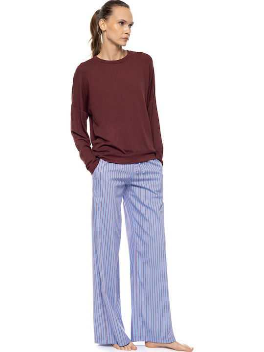 Pink Label Summer Women's Pyjamas Trousers Soft Blue/Bordeaux