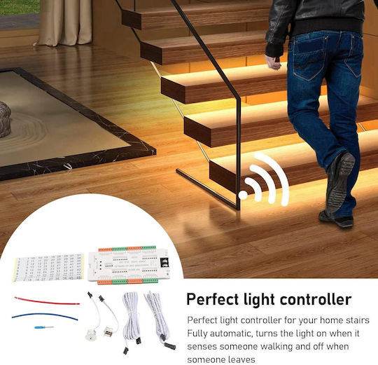 Kit Inteligent Iluminare Scări Până La 32 De Trepte Senzori De Mișcare Bandă Led Alimentare Alb Natural