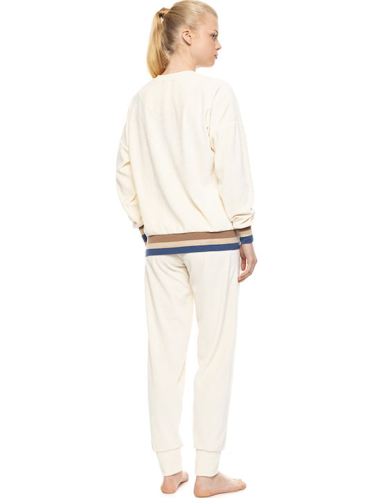 Pink Label Winters Damen Schlafanzug Set Samt Off-White