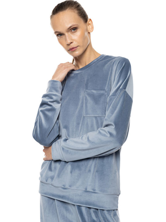 Pink Label Winter Damen Schlafanzug Set Samt Yacht Blau