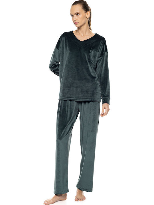 Pink Label Pink Label Damen-Schlafanzug & Pyjamas Winter Samt Dunkelgrün
