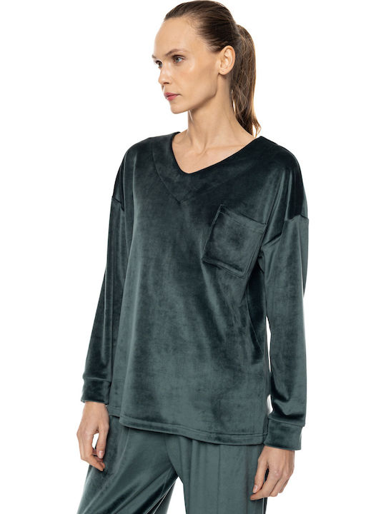 Pink Label Pink Label Damen-Schlafanzug & Pyjamas Winter Samt Dunkelgrün