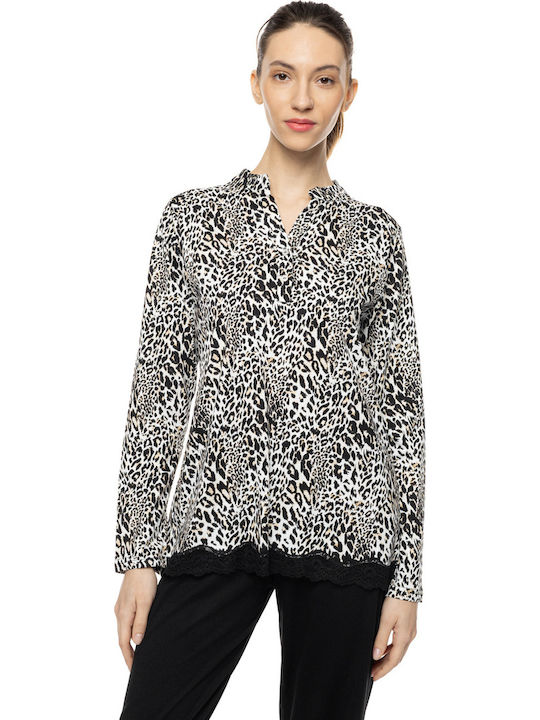 Pink Label Winter Women's Pyjamas Set Ivory Leopard