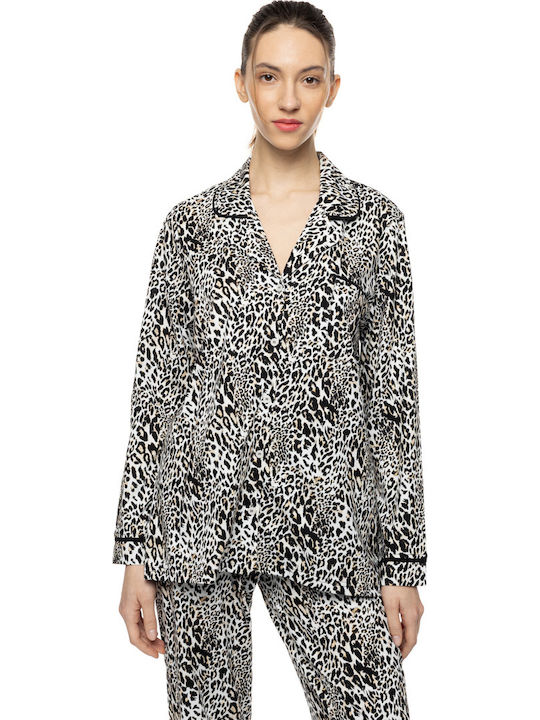 Pink Label Χειμερινό Γυναικείο Σετ Πιτζάμας Ivory Leopard