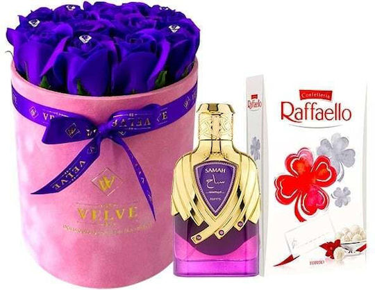 Pachet de frumusețe Crystal Aranjament floral Parfum arabesc Extrait De Parfum Samah Amethyst Riiffs Pentru femei 100 Ml Praline Raffaello 80g Mov