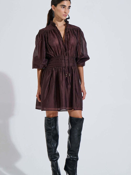 Summer Shirt Dress with Ruffles Brown