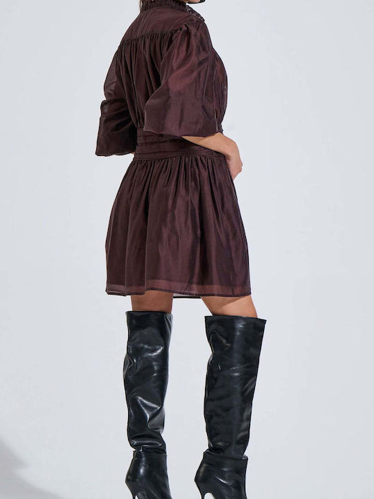 Summer Shirt Dress with Ruffles Brown