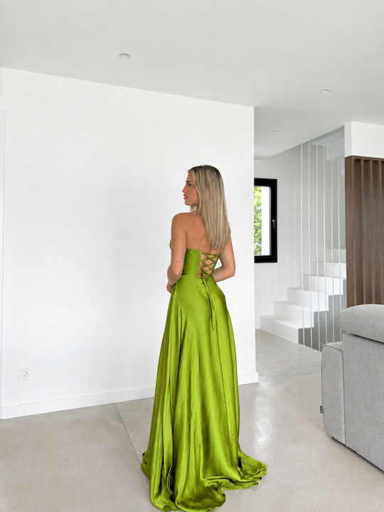 Sommer Maxi Damenkleid für Hochzeit - Taufe Trägerlos Satin Olivgrün