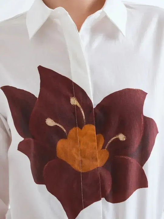 Μακρυμάνικο Γυναικείο Πουκάμισο Λευκό Floral