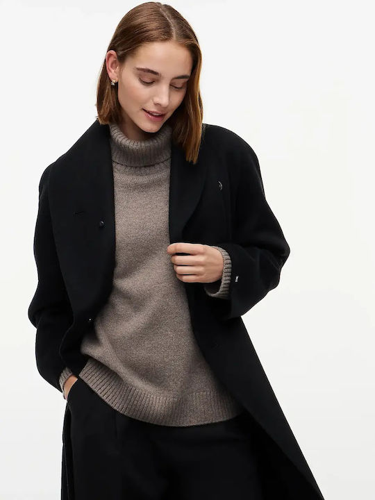 Wool Women's Coat Black Oversized with Fur Details