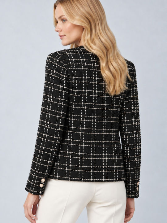Veto Sacou Dama Lung Din Tweed Cu Talie Negru Carou