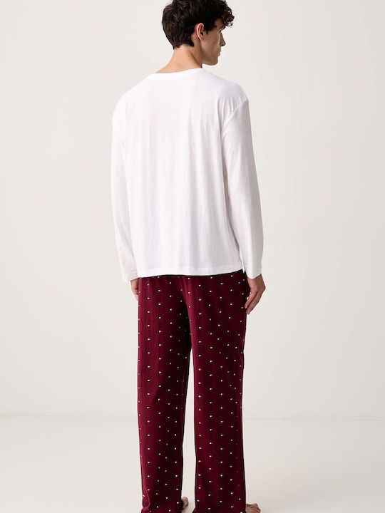 Tommy Hilfiger Winter Herrenpyjama Baumwollene Weiß-Deep Rouge Flag Aop Tommy Hilfiger Winter Herrenpyjama Baumwollene Weiß-Deep Rouge Flag Aop