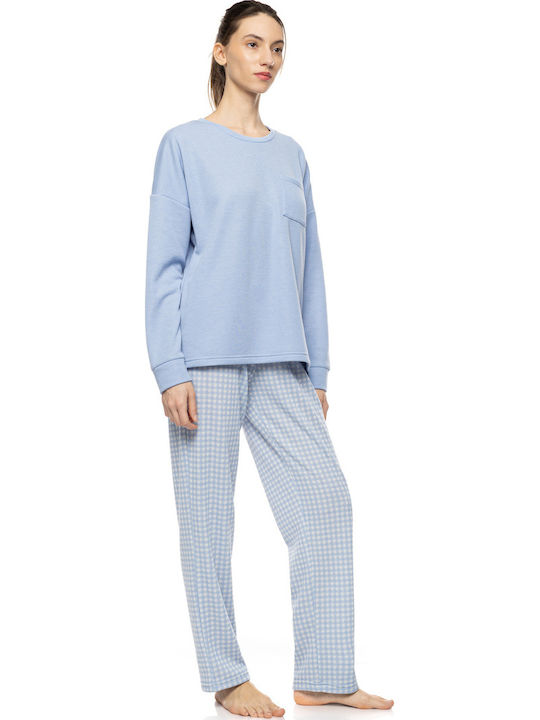 Pink Label Summer Women's Pyjamas Trousers Blue Cloud Plaid