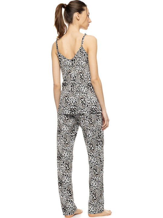 Pink Label Sommer Damen Schlafanzug Hosen Ivory Leopard