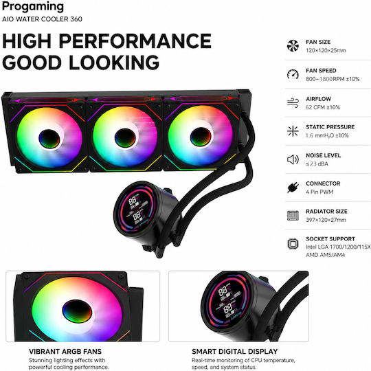 ProGaming IceView 360 Wasserkühlung AIO CPU mit 3 Lüfterabmessung 120mm und ARGB Beleuchtung