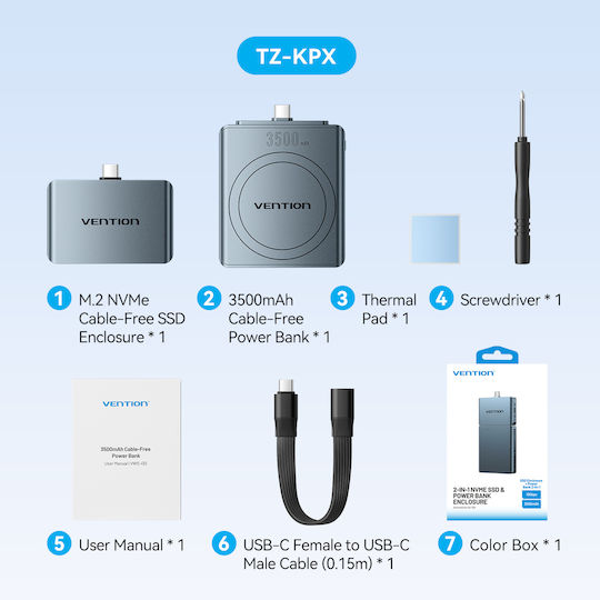 Vention Ma Portable Plug & Play Cable-free Nvme Enclosure + 3500mah Pb Tz-kpxh0