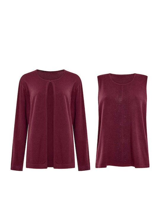 Celestino Set Pulover Cardigan Fără Mâneci Pentru Femei Burgundy