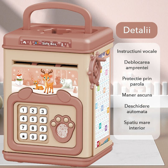 Children's Piggy Bank Flippy Smart Box Savings Piggy Bank Sound Effects Atm Type Password Fingerprint Plastic 20 X 13.5 X 11.5 Cm Pink