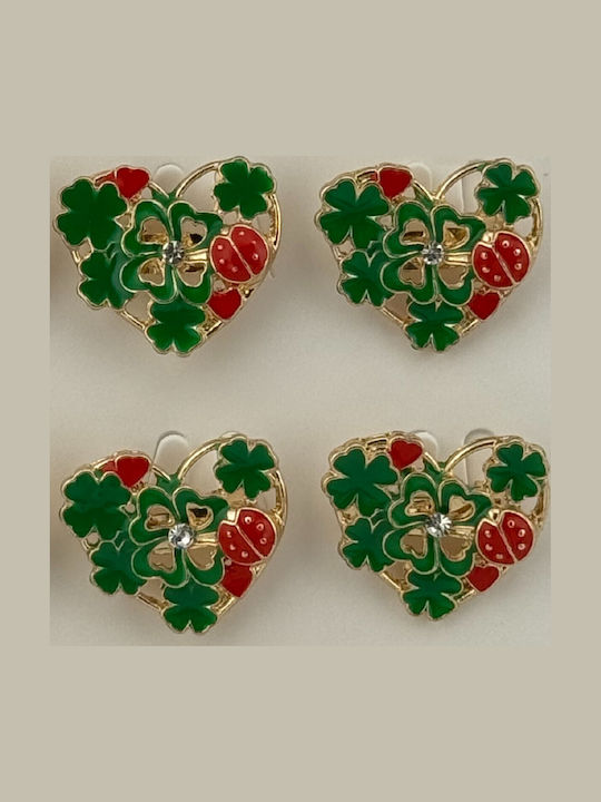 Set 12 Pinuri Martisor De Primăvară Model Inimă Jolie Decorate Cu Trifoi Buburuză Verde