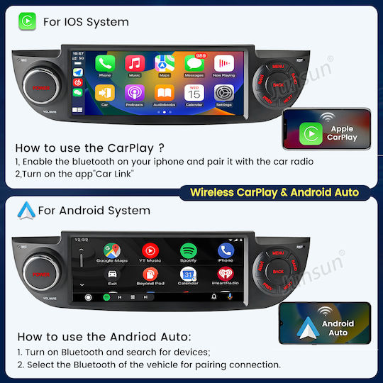 Junsun 6 86" Android 15 Multimedia 2gb/64gb Fiat 500 2007-2015 Ασύρματο Carplay Android Auto Gps Dsp Μαύρος