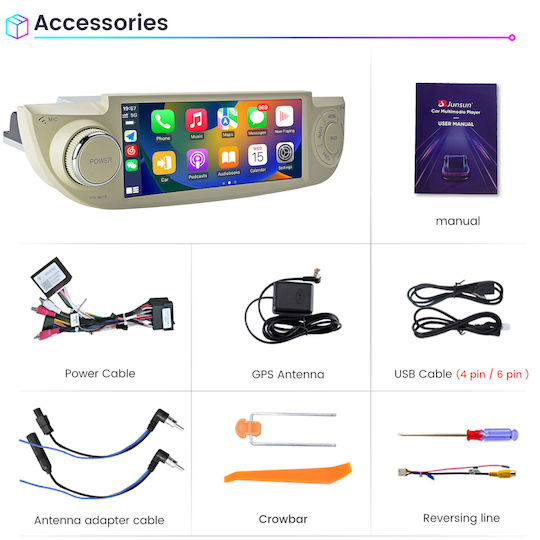 Junsun 6 86" Android 15 Multimedia 2GB/64GB Fiat 500 2007-2015 CarPlay Wireless Android Auto GPS DSP Alb