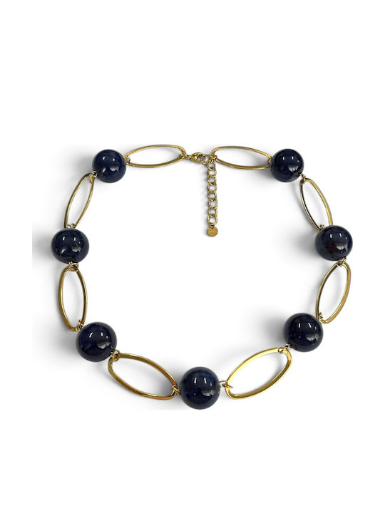 Steel Necklace From Gold Plated Steel Navy Blue
