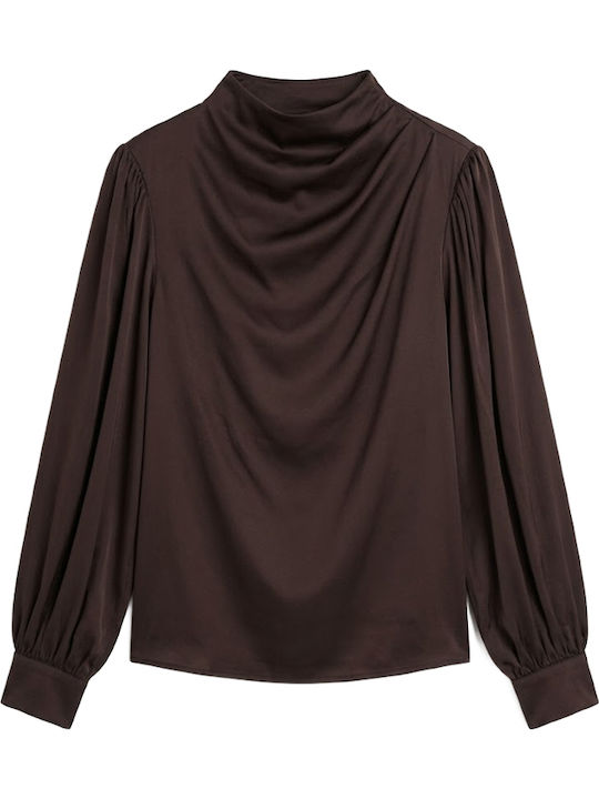 Damen Bluse Satin Langärmelig mit Ausschnitt mit Reißverschluss Braune