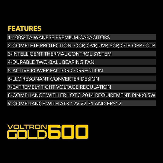 Armaggeddon Voltron Gold 600 rev. 2.31 600W Μαύρο Τροφοδοτικό Υπολογιστή Semi Modular 80 Plus Gold