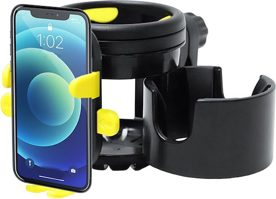 Suport Universal 3în1 pentru Cărucior Flippy Biciclete Mașină Fabricat din ABS 1 Suport pentru Telefon 2 Suporturi pentru Pahare Rotație 360° Negru Galben