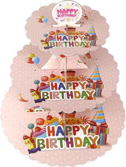 Stand Pentru Dulciuri Din Carton Flippy Cu 3 Nivele Diametru 16 22 29 Cm Înălțime 38 Cm Temă Happy Birthday Roz