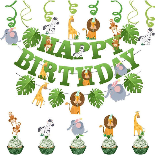 Banner Happy Birthday 100x200 Cm Flippy Role De Ață Inclusă Temă Junglă Verde