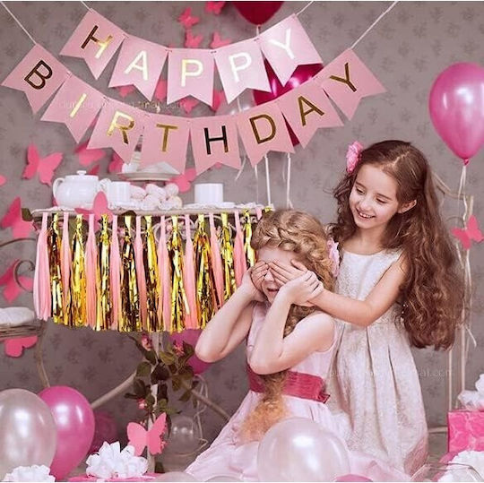 Banner Happy Birthday 100x200 Cm Flippy Steag Dimensiune 11.5x16.5 Cm Role De Ață Incluse Roz
