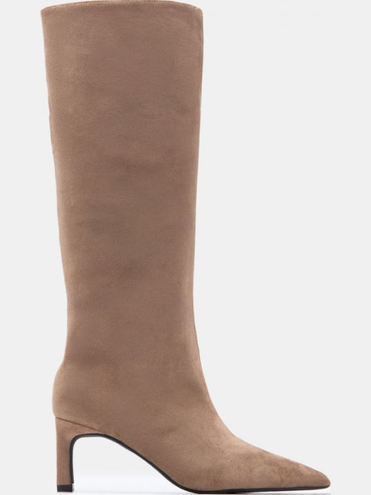 Suede Women's Boots with Mid Heel Beige