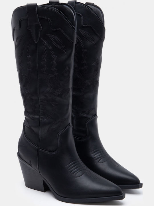 Suede Women's Boots Cowboy with Mid Heel Black