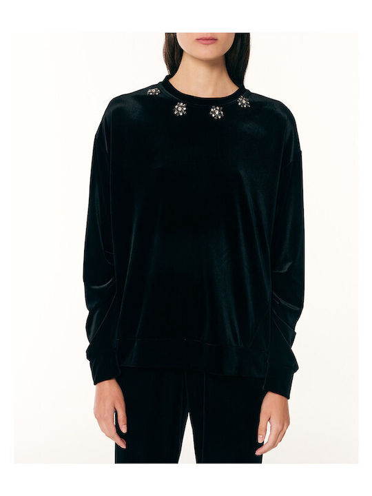 Damen Samt Hose Blumen Schwarz